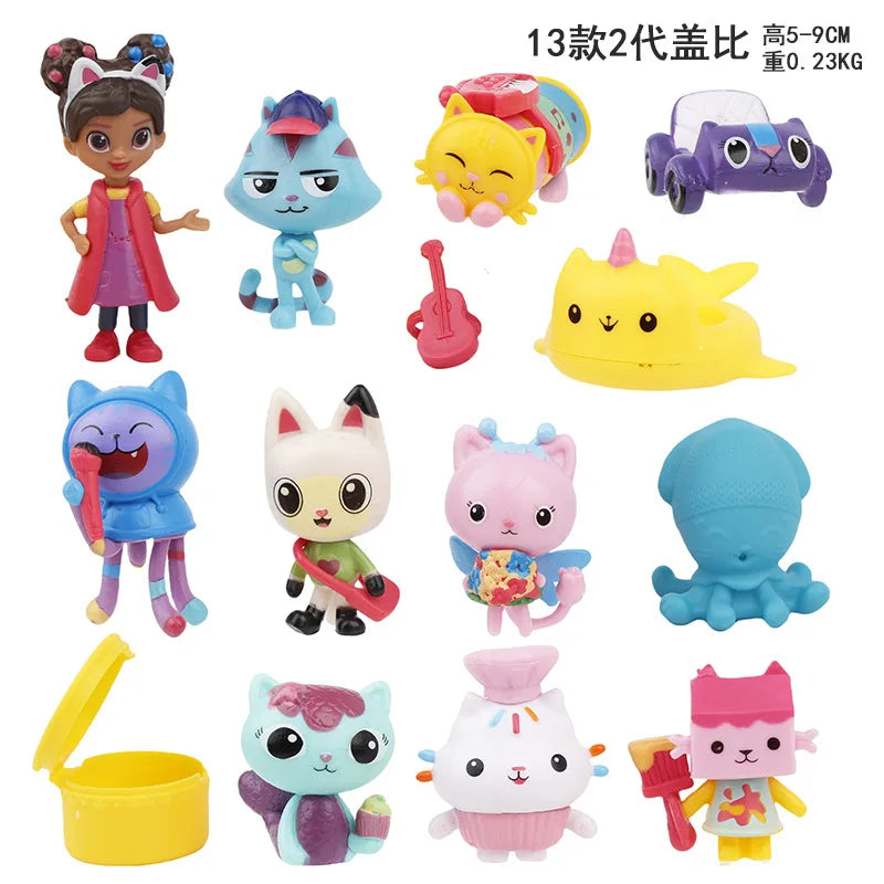 13pcs Gabby Dollhouse Anime Figure Toy Smiling Car Cat Hug Gaby Girl