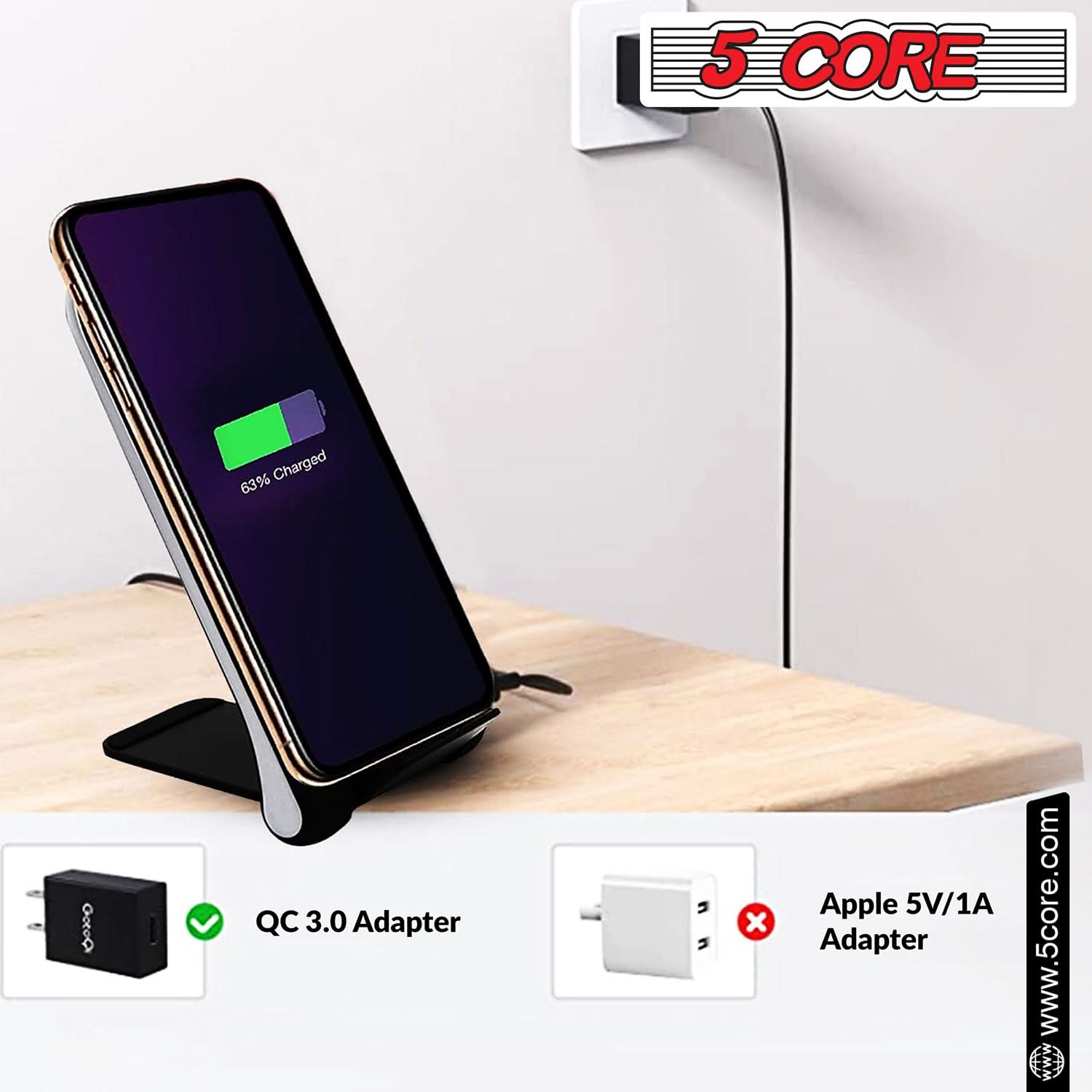 5 Core Wireless Charger 10W Max Fast Wireless Charging Pad Glass Top